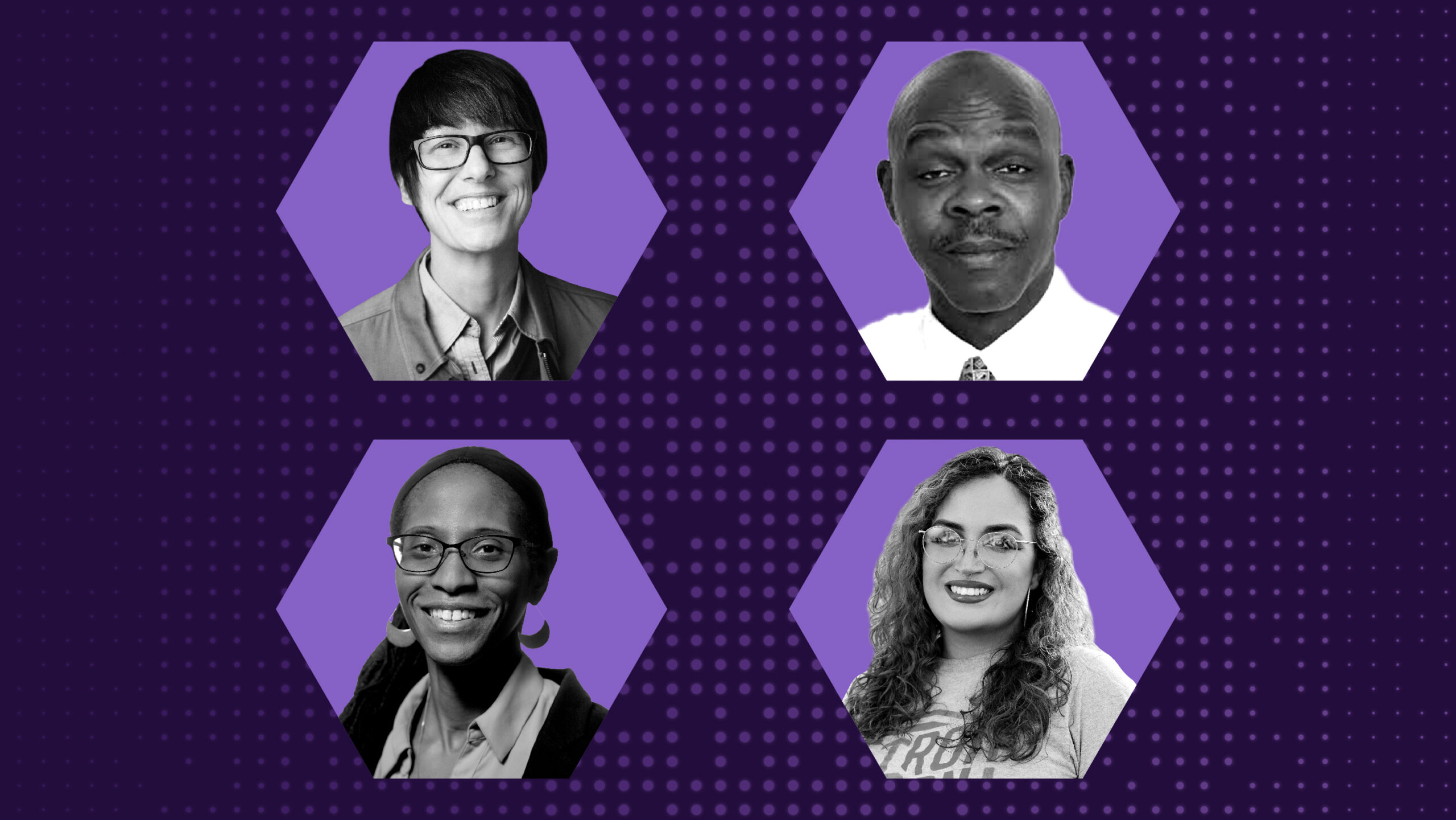 Headshots of podcast guests Tawanna Dillahunt, Zachary Rowe, Joanna Velazquez, and host Mary Gray in a two-by-two grid and set against a dark purple background. Each headshot is contained within a hexagon shape.
