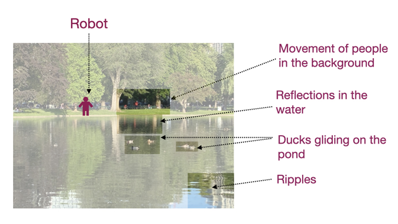 A view of a park with an agent walking along a trail. Sources of exogenous noise surround the agent, including ducks gliding on a pond, people in the background, and reflections on the water. 