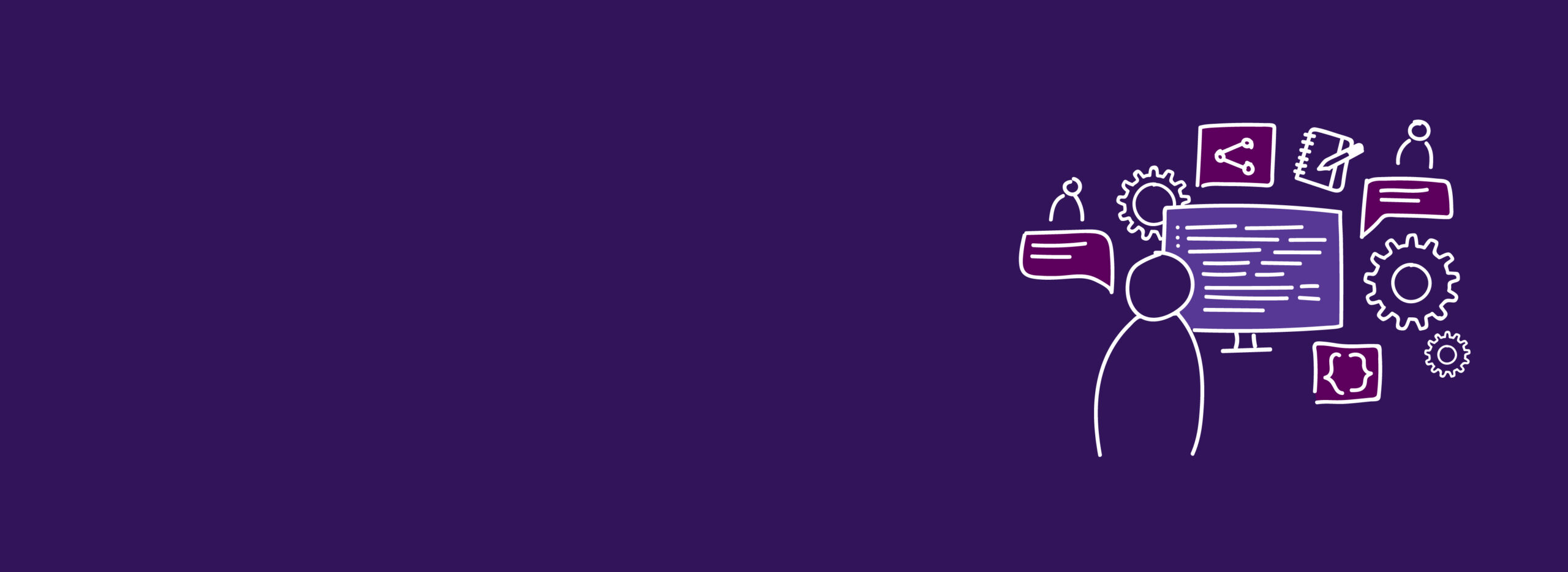 Purple header image, with hand dawn elements depicting someone sat at a computer screen with cogs and other programming and hci related elements