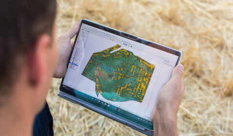 Andrew Nelson studies a FarmVibes.AI image on a tablet (Photo by Dan DeLong for Microsoft)