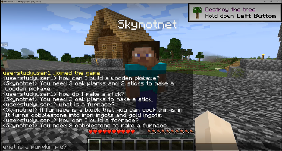 Figure 1: A Minecraft player obtaining crafting recipes by interacting with the NPC