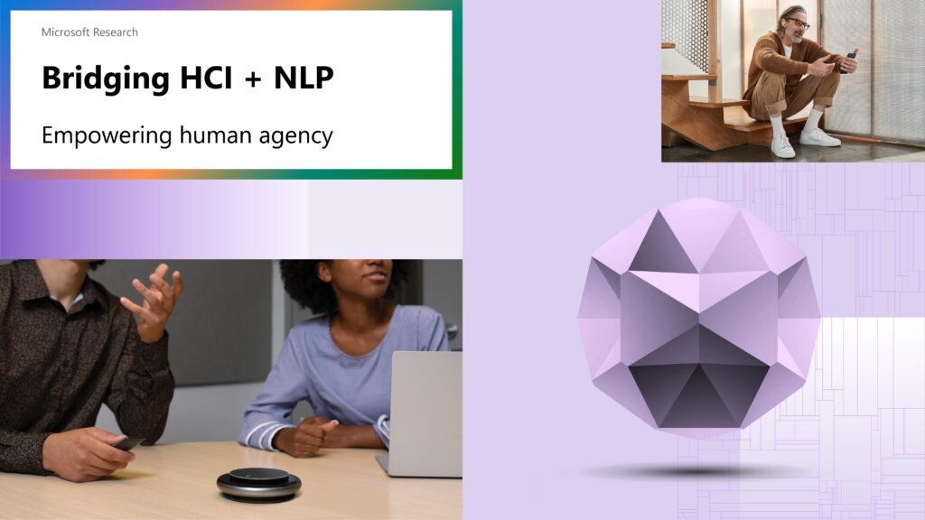 Graphic of bridging HCI and NLP for empowering human agency with images of people using chatbots.