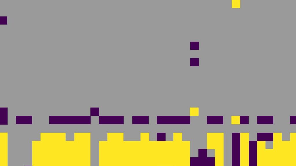 a grey background with pixels of yellow and dark purple