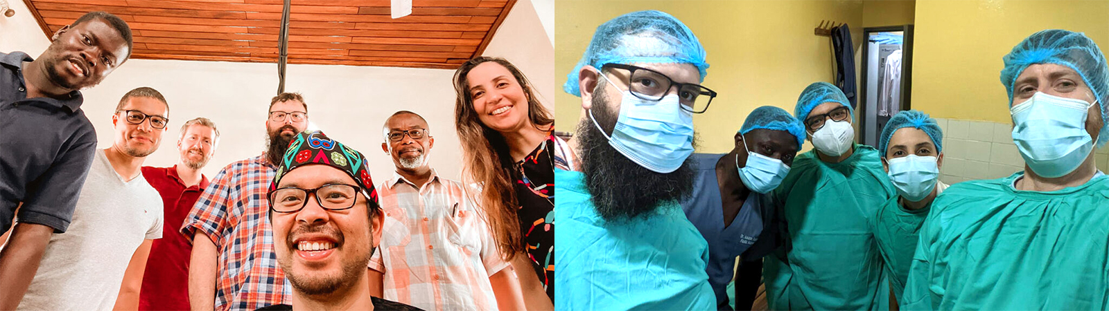 Two pictures showcasing participants of the project. In the first picture, six men and a woman are captured. The group consists of Microsoft staff members, representatives from the Korle Bu Teaching Hospital, and the surgical team from NHS Glasgow. The second picture features members of the Microsoft team, three men and a woman, alongside a doctor from the Korle Bu Teaching Hospital, all attired in surgical garments.