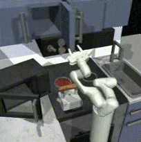 A short clip showing a robotic arm interacting with a kitchen environment performing a specific task.