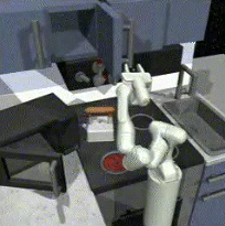 A short clip showing a robotic arm interacting with a kitchen environment performing a specific task.