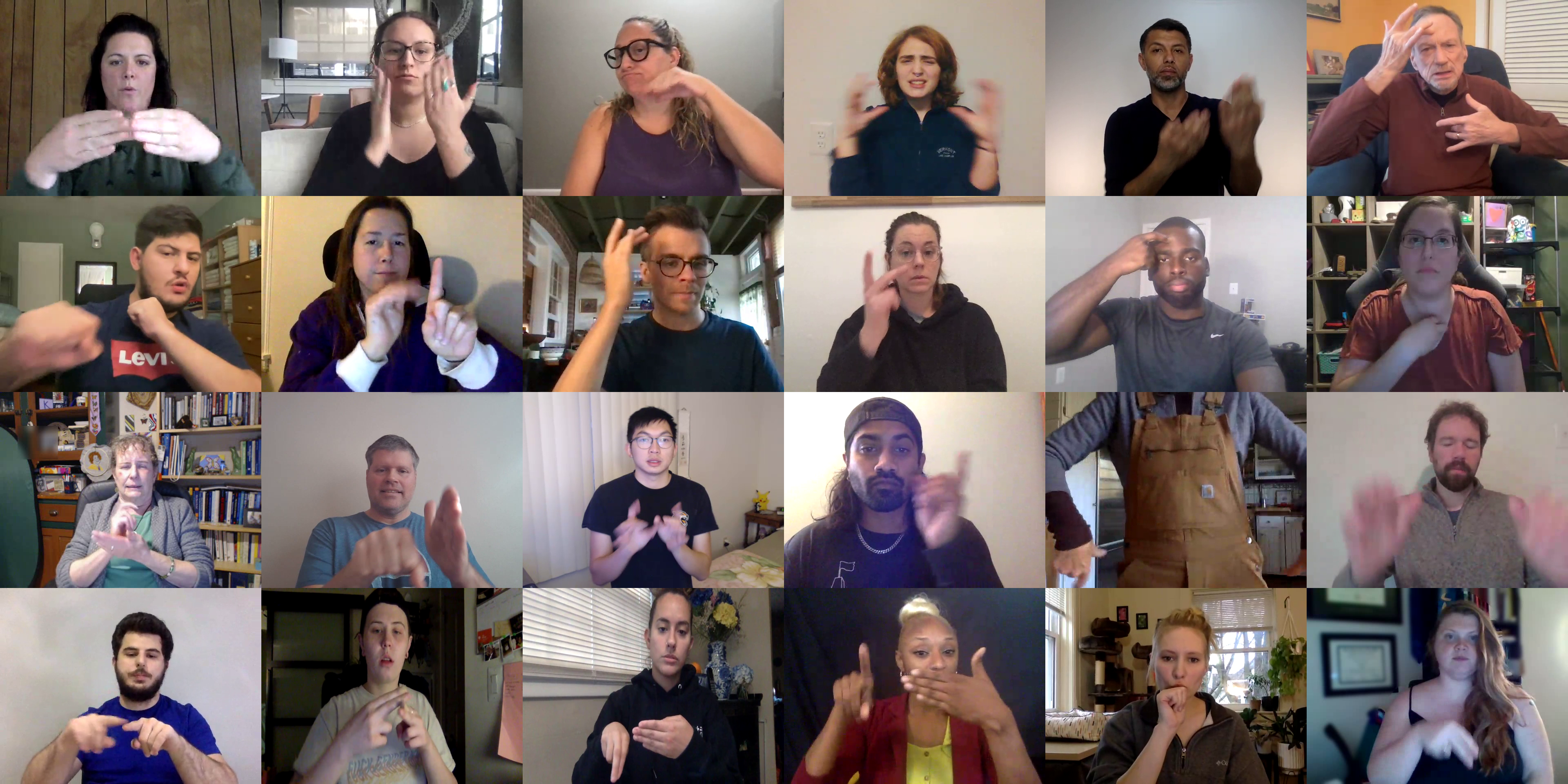 A grid of screenshots from the ASL Citizen dataset, showing different people performing different signs in American Sign Language.