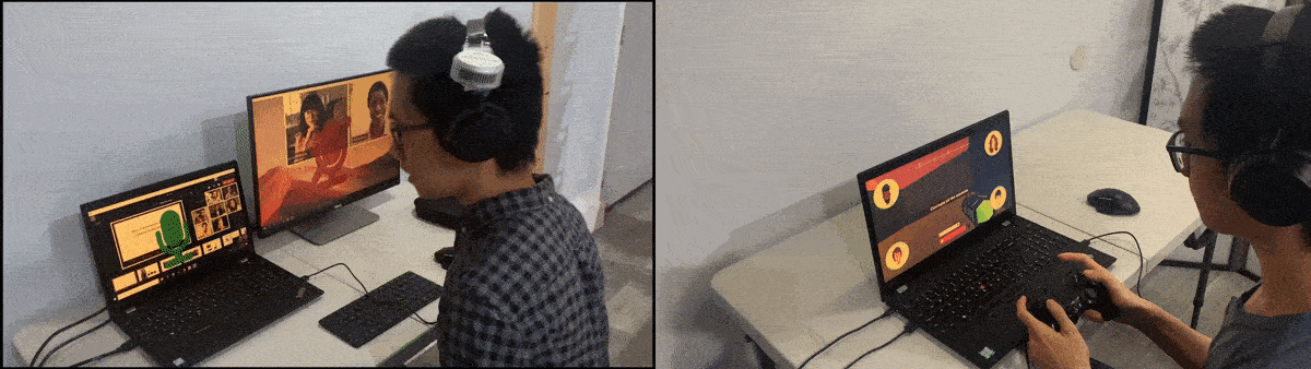 DIS 2023 - Figure 2: Two videos side-by-side showing the wearer controlling where his input is being sent among a multitude of devices. On the left, a video shows an over-the-shoulder view of a wearer interacting with a monitor and aptop while wearing headphones. There are two separate video calls on each screen. As the wearer turns from one screen to another, a large microphone icon appears on the screen at which the wearer is looking, and a muted microphone icon is shown on the other screen.

The video on the right shows an over-the-shoulder view of a wearer interacting with a laptop while wearing headphones. The laptop screen shows a video game and four circular icons on each corner depicting the other players. The user looks at the bottom left of the screen, which enlarges the icon of the teammate in that corner, and the wearer starts to speak. The wearer then looks at the top-right of the screen, and the teammate in that corner is highlighted while the wearer speaks.