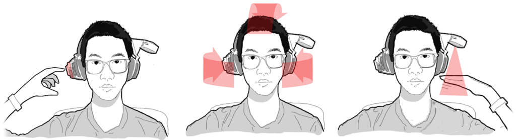 DIS 2023 - Figure 7: List of three stylized images showing the three main kinds of gestures we look at: touch, head orientation, and mid-air gestures.