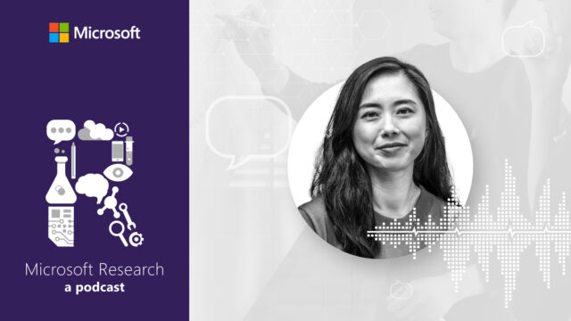 black and white photos of Haiyan Zhang, General Manager of Gaming AI at Microsoft Gaming, next to the Microsoft Research Podcast 