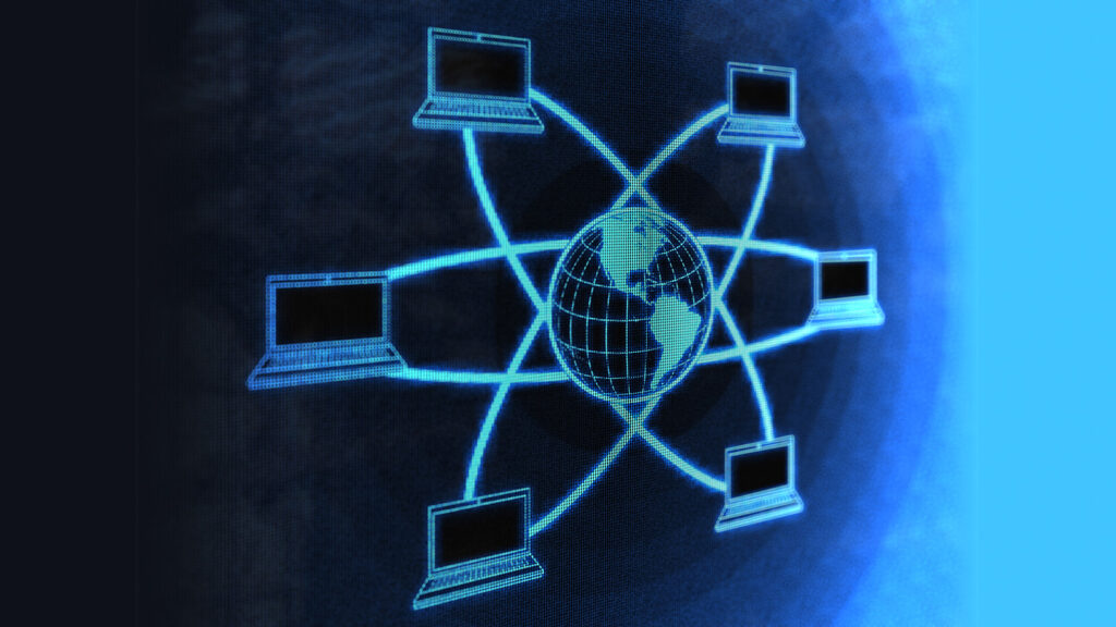 space connections 6G - Kodan; illustration of the Earth surrounded by six computers in space