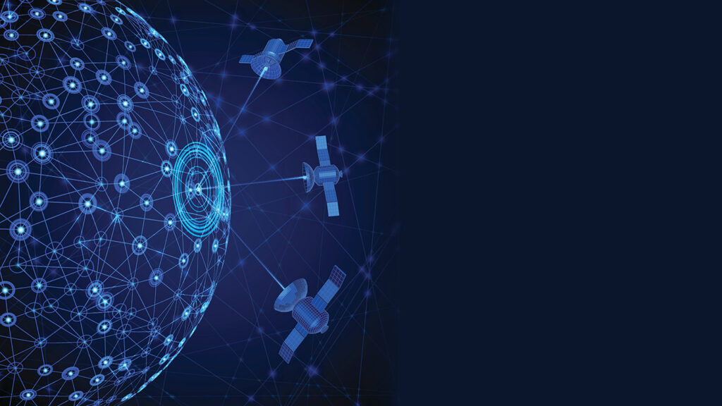 space connections 6G - space connectivity; illustration of three satellites in communication with Earth