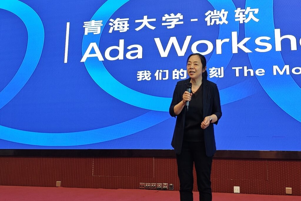 a woman giving a talk