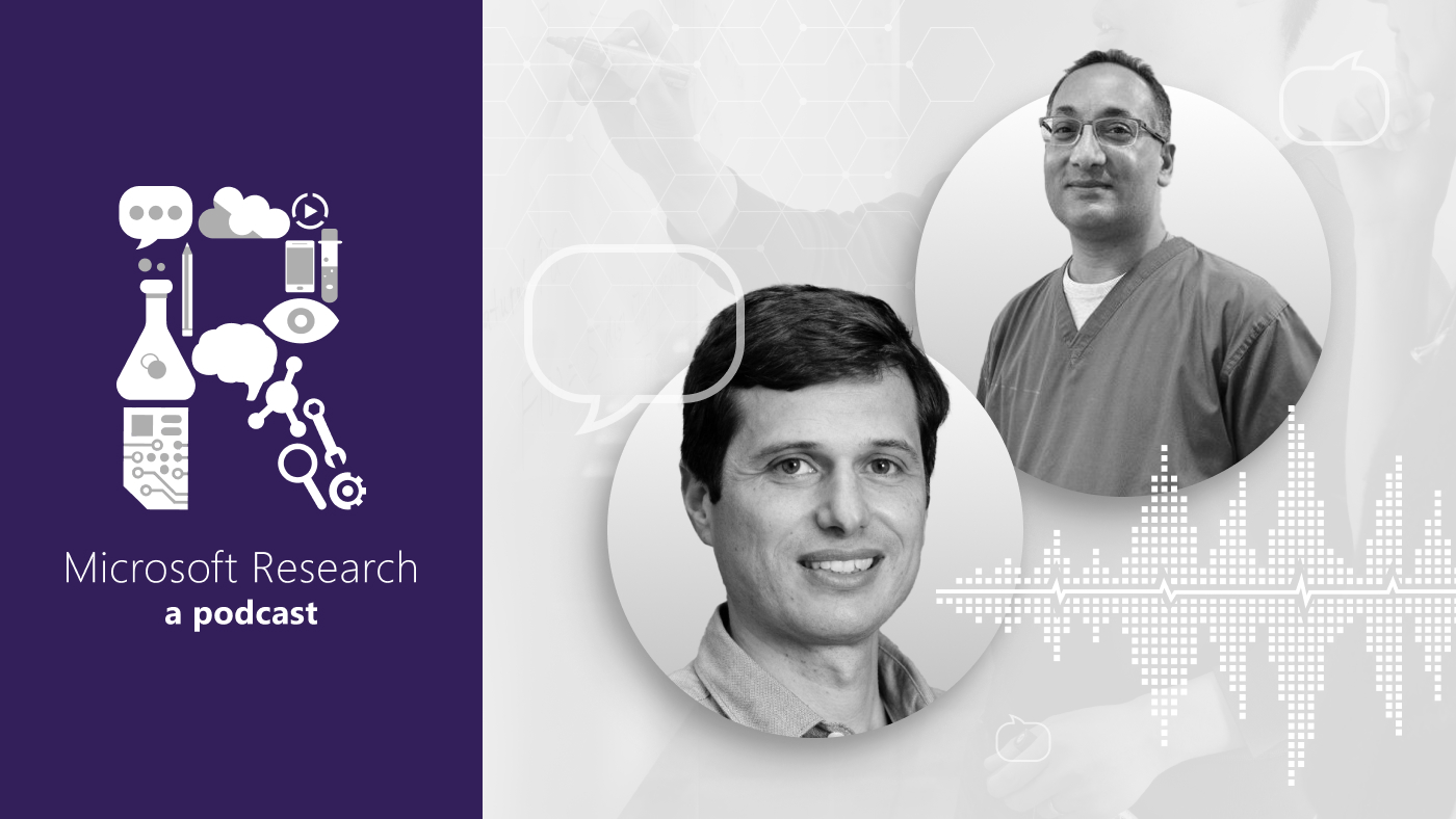 black and white photos of Microsoft Health Futures’ Senior Director Javier Alvarez and Dr. Raj Jena, a radiation oncologist at Addenbrooke’s hospital, next to the Microsoft Research Podcast "R" logo