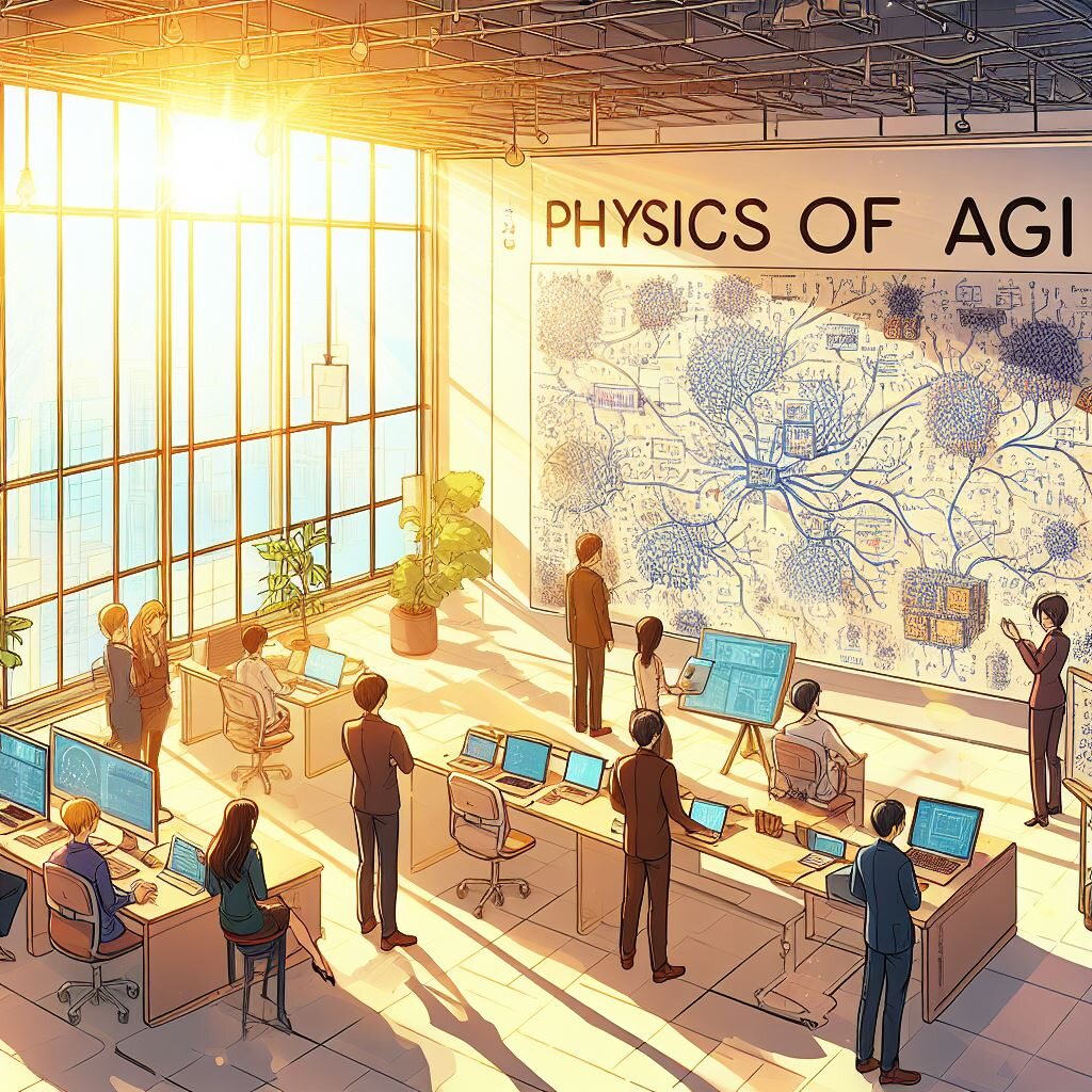 AI-generated image of a group of scientists standing at desks, reviewing a large whiteboard