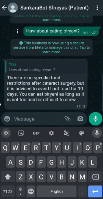 Screenshot of a chatbot answering a patient question