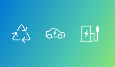 MSRA - Nissan | data driven model improves accuracy in predicting ev battery degradation | graphic with white icons symbolizing renewable electric energy on a blue and green gradient background