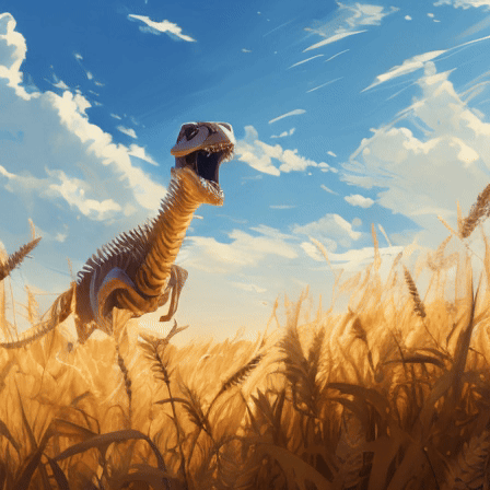 MicroCinema animation: T-Rex skeleton walking through a wheat field