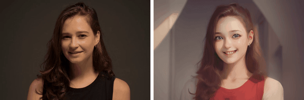 MicroCinema animation: two versions of a woman smiling for the camera