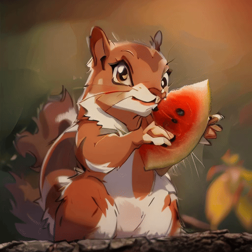 MicroCinema animation: a cartoon squirrel eating watermelon
