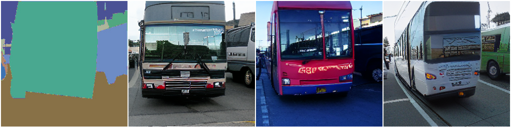 图4：草图到图像任务。例如，给定一张公共汽车的草图（第一行第一列），NÜWA 创作了3种满足草图形状和位置的图像，包括窗户的反光也清晰可见。