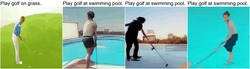 图7：图像到视频任务。NÜWA 不仅可以依据常见的文本 “Play golf on grass”（在草地上玩高尔夫球）来生成视频，而且可以生成现实中不可能的视频，例如“Play golf on the swimming pool”（在泳池玩高尔夫球）。