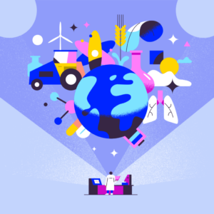 three big AI trends - illustration of a scientist observing industry icons around a globe icon