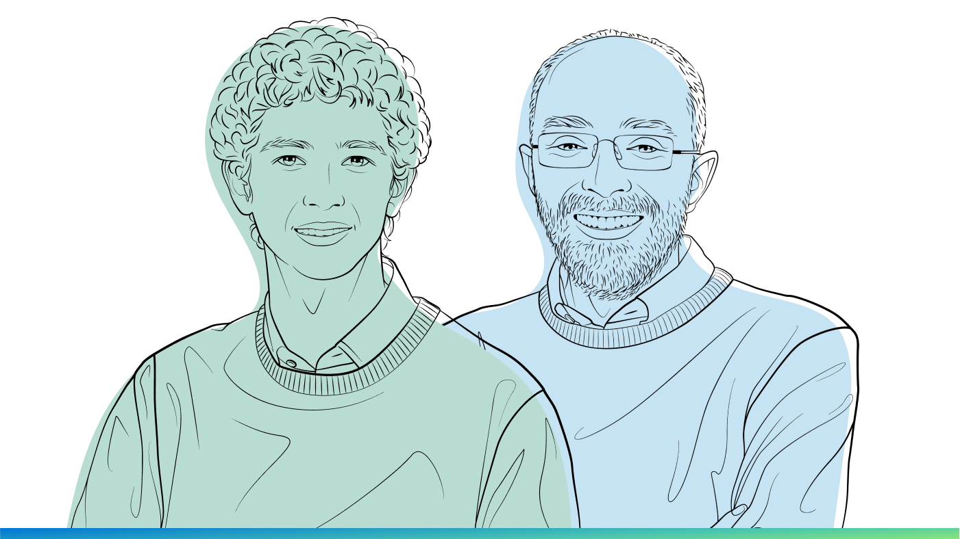 Illustrated images of Dexter Greene and Richard Black for the Microsoft Research Podcast.