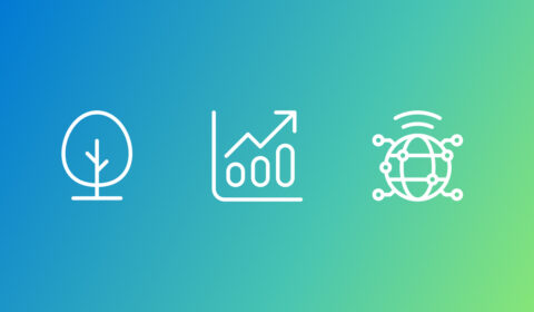 Three icons that represent (left to right) ecology and environment, economics, and technology for emerging markets.