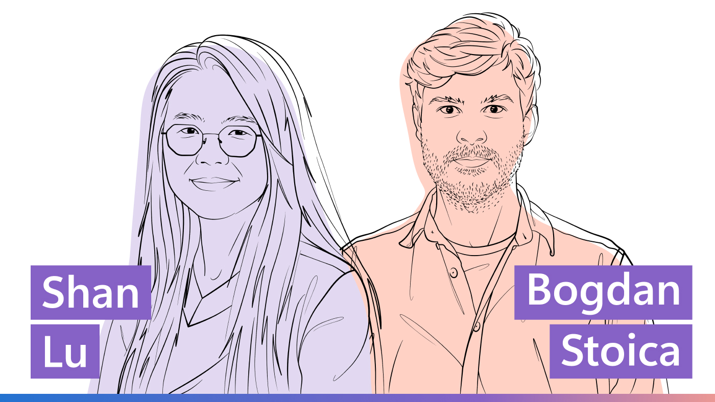 Outlined illustrations of Shan Lu and Bogdan Stoica for the Microsoft Research Podcast.
