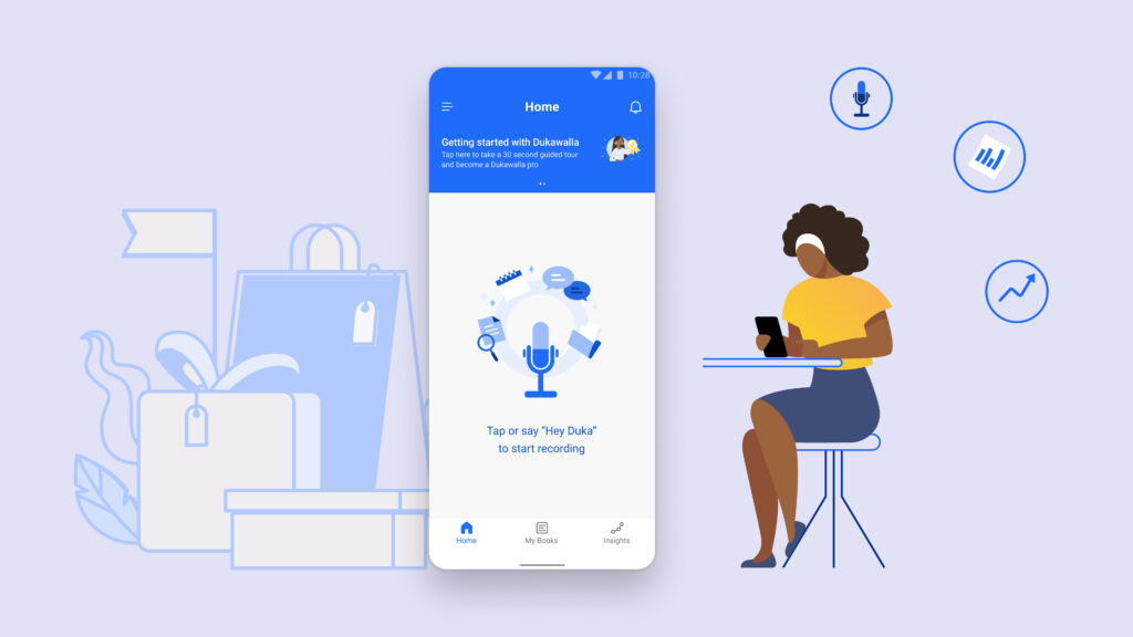 Illustration of woman using the Dukawalla app