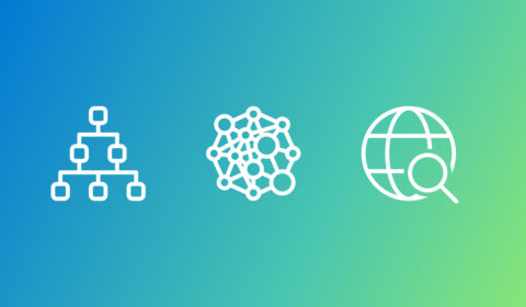 The image features three white icons on a gradient background transitioning from blue on the left to green on the right. The first icon, located on the left, depicts a hierarchical structure resembling a workflow with connected squares. The middle icon represents GraphRAG (interconnected nodes and lines). The third icon, on the right, shows a globe with a magnifying glass overlaying it, symbolizing global search.