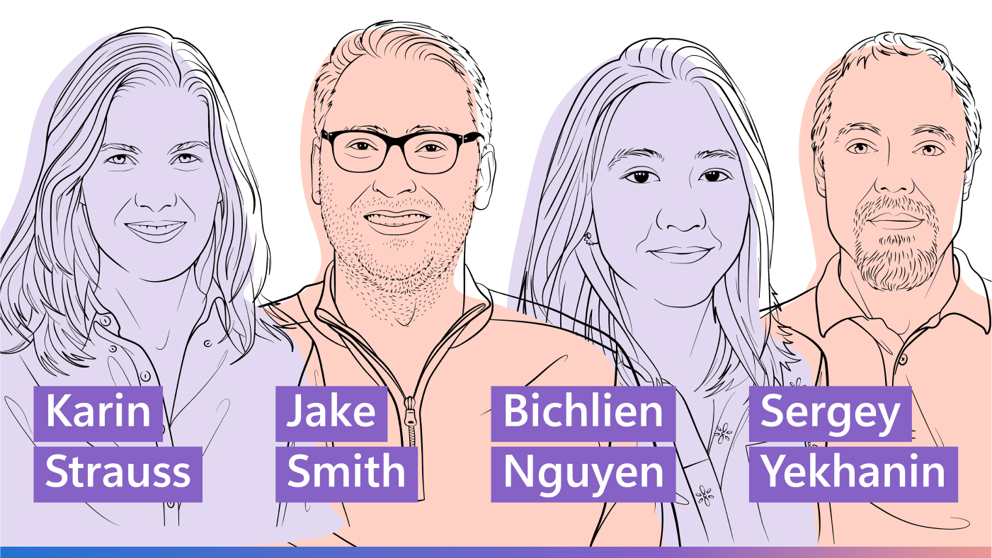 Outlined illustrations of Karin Strauss, Jake Smith, Bichlien Nguyen, and Sergey Yekhanin for the Microsoft Research Podcast, Ideas series.