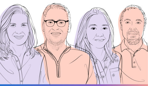 Outlined illustrations of Karin Strauss, Jake Smith, Bichlien Nguyen, and Sergey Yekhanin for the Microsoft Research Podcast, Ideas series.