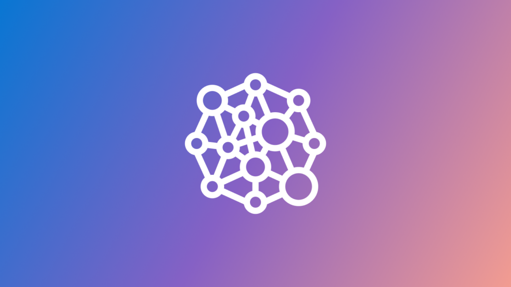 A white geometric network icon with interconnected nodes and lines is centered on a gradient background transitioning from blue on the left to pink on the right.