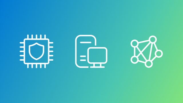 Icons representing hardware and devices, security, privacy, and cryptography, and systems and networking on a blue to green gradient background.