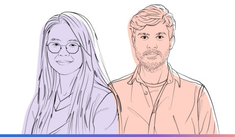 Outlined illustrations of Shan Lu and Bogdan Stoica for the Microsoft Research Podcast.
