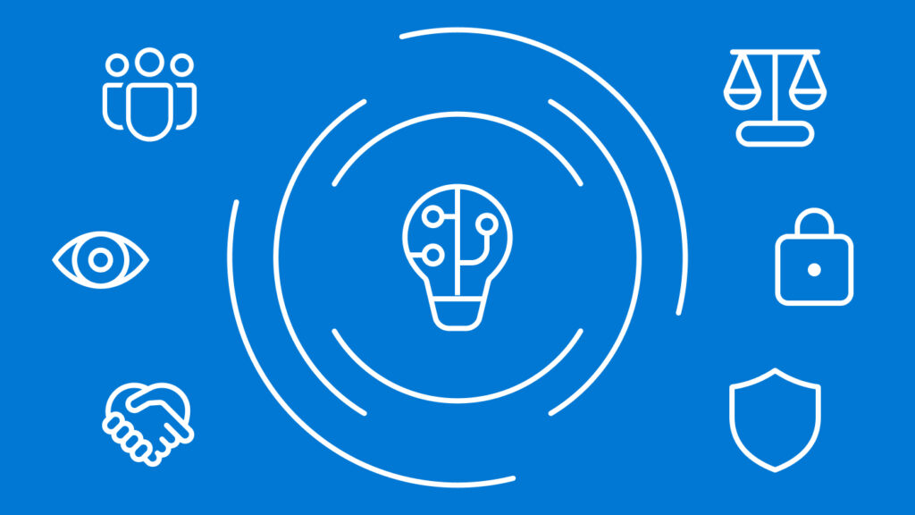 White lightbulb icon centered. Six icons surround it: (left to right) group of people, eyeball, shaking hands, set of scales, lock, and shield.