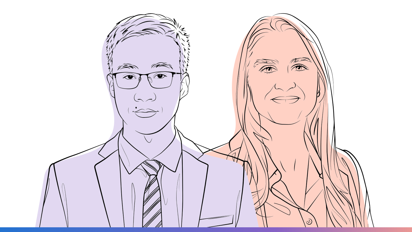 Outlined illustrations of Tong Wang and Bonnie Kruft for the Microsoft Research Podcast, Abstracts series.