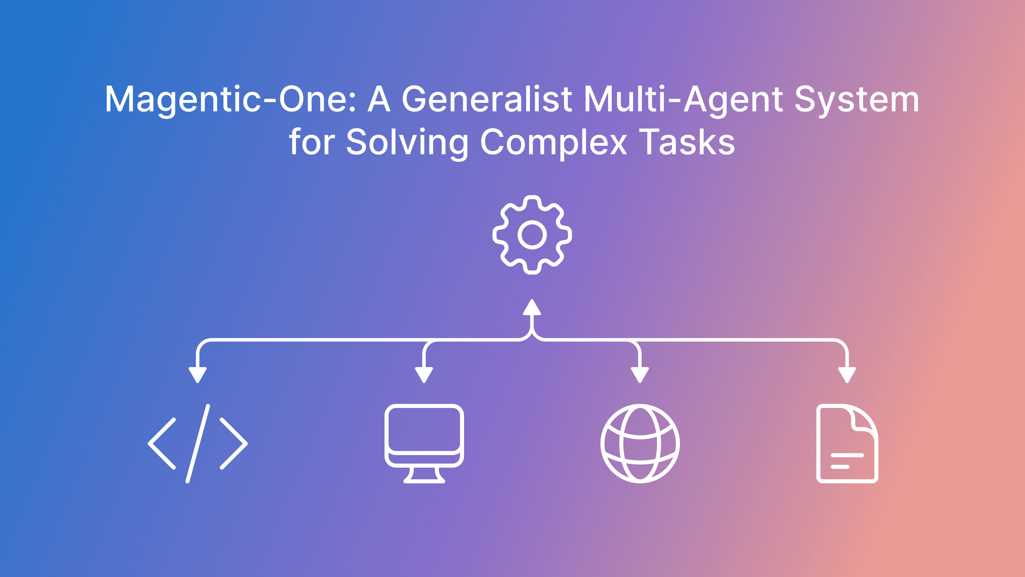 An abstract image of the Magentic-One multi-agent team shown as a hierarchy of agents with the top node showing a gear icon to represent the Orchestrator agent, and four leaf nodes with icons representing the Coder, Computer Terminal, Web Surfer, FIle Surfer agents, respectively. The image shows a title with the text "Magentic-One: A Generalist Multi-Agent System for Solving Complex Tasks".