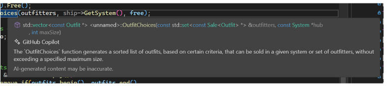 An AI-generated summary of what the function does that appears in the Visual Studio Quick Info