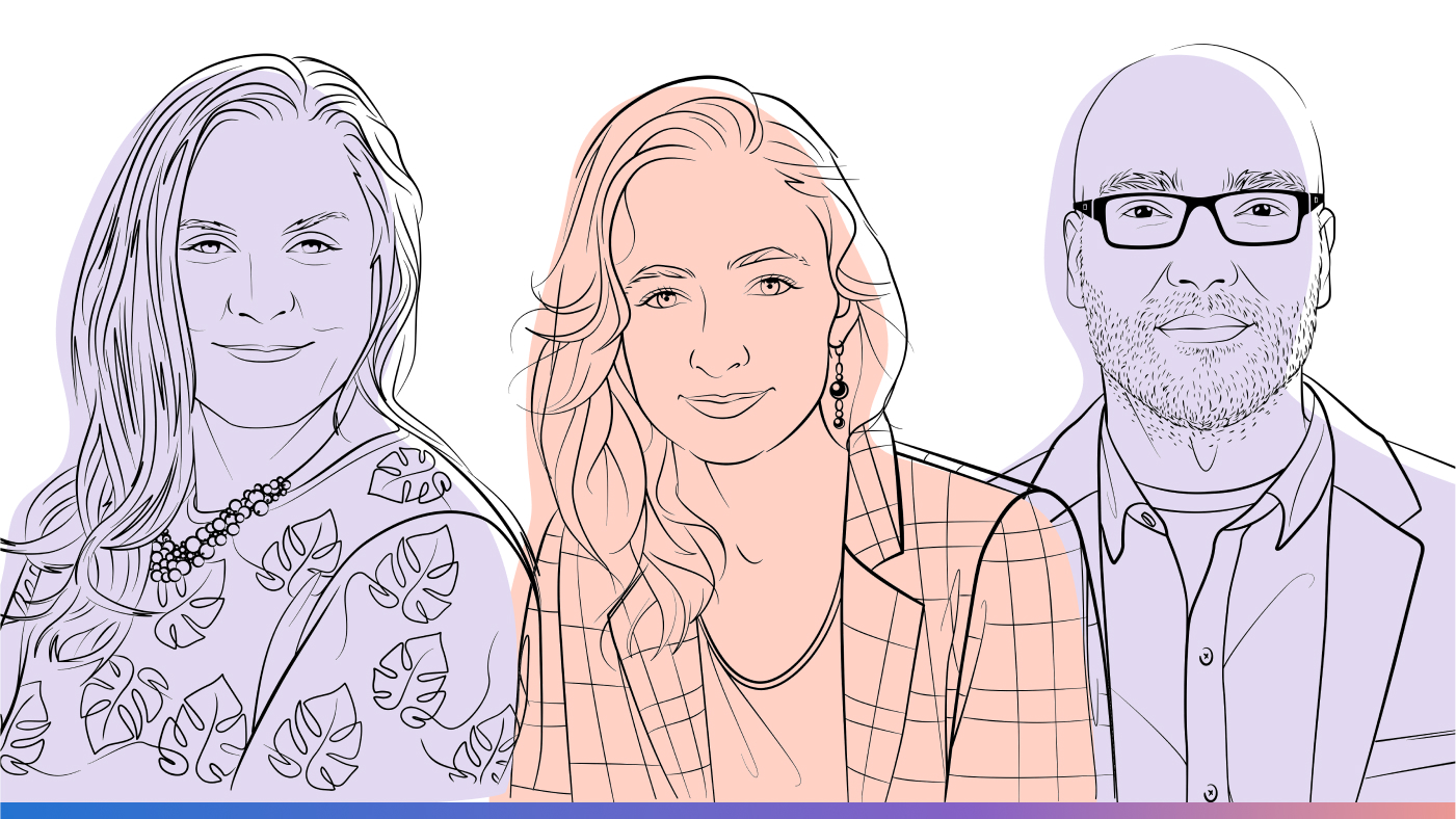 Illustrated headshots of Ginny Badanes, Madeleine Daepp and Robert Ness