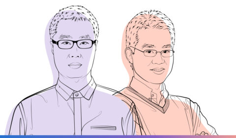 Illustrated image of Jindong Wang and Steven Eujiong Whang. “Abstracts: A Microsoft Research Podcast” runs along the bottom.