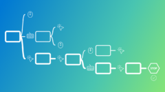 A gradient blue to green background features a white flowchart with rectangular boxes connected by arrows, ending in a hexagonal “STOP” sign and a check mark on the right side.