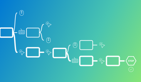 A gradient blue to green background features a white flowchart with rectangular boxes connected by arrows, ending in a hexagonal “STOP” sign and a check mark on the right side.