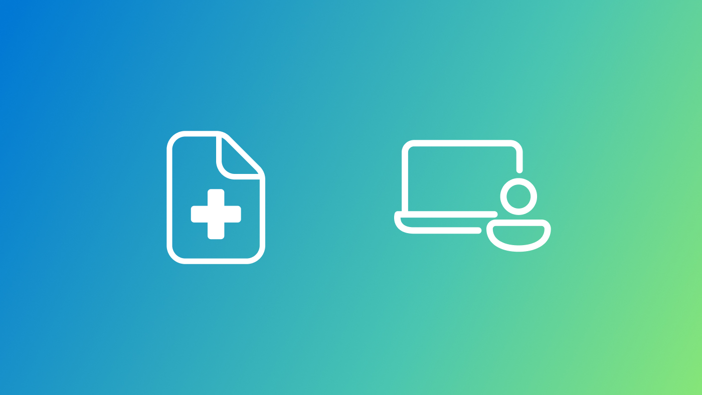white line icon of a medical paper and of a computer with a person in front of it on a blue and green gradient background