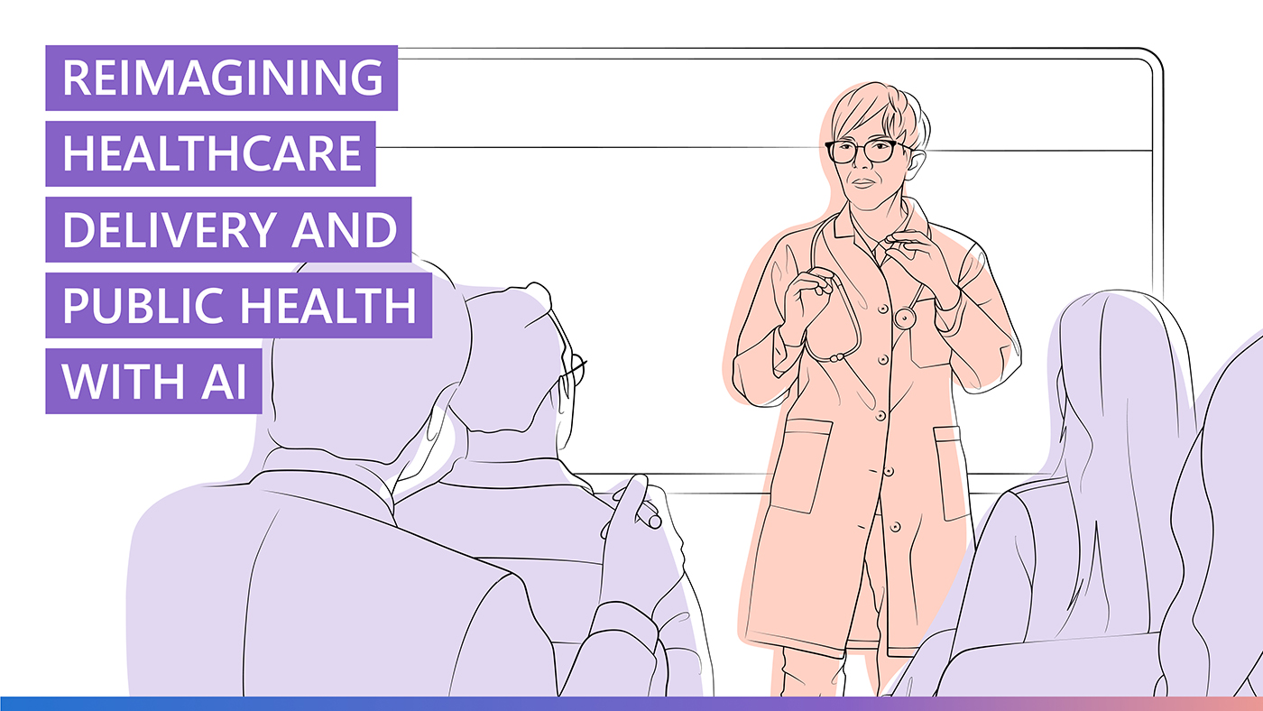 AI Revolution | Illustration of a doctor speaking in front of three people | Reemerging healthcare delivery and public health with AI