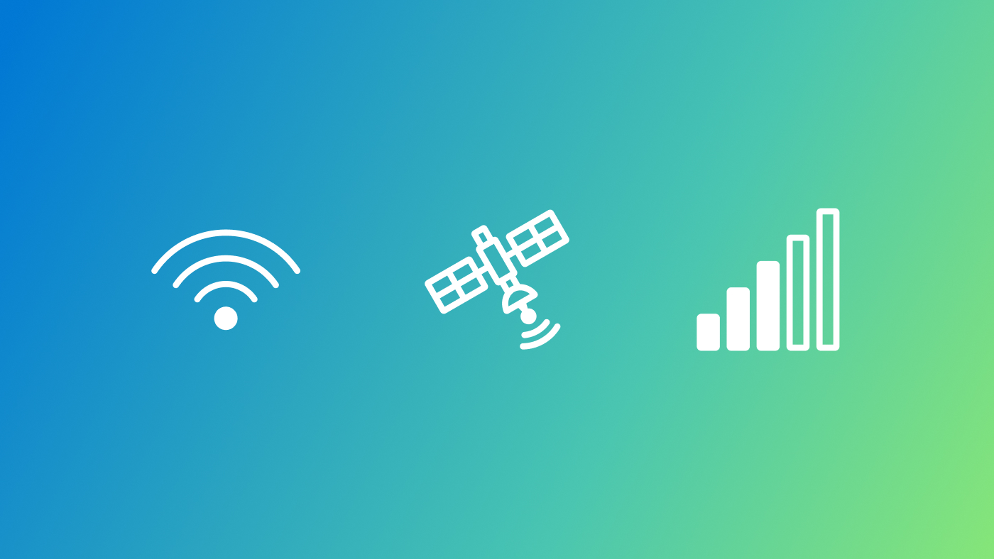 The image features three white icons on a gradient background transitioning from blue on the left to green on the right. The first icon, located on the left, represents a Wi-Fi signal with curved lines radiating from a central point. The middle icon depicts a satellite with solar panels and an antenna emitting waves. The third icon, on the right, shows a bar chart with ascending bars indicating signal strength.