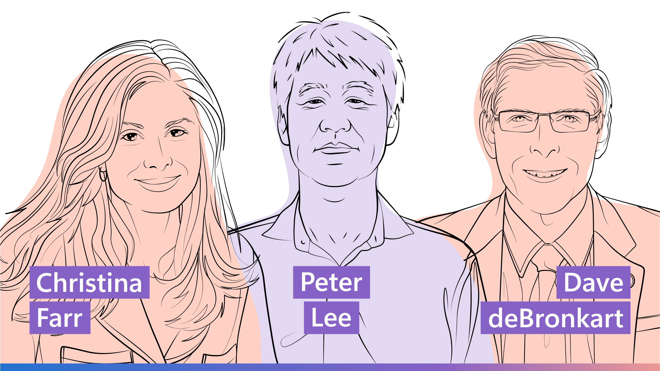AI Revolution podcast | Episode 3 - Are patients using generative AI for their own healthcare? | outline illustration of Christina Farr, Peter Lee, and Dave deBronkart