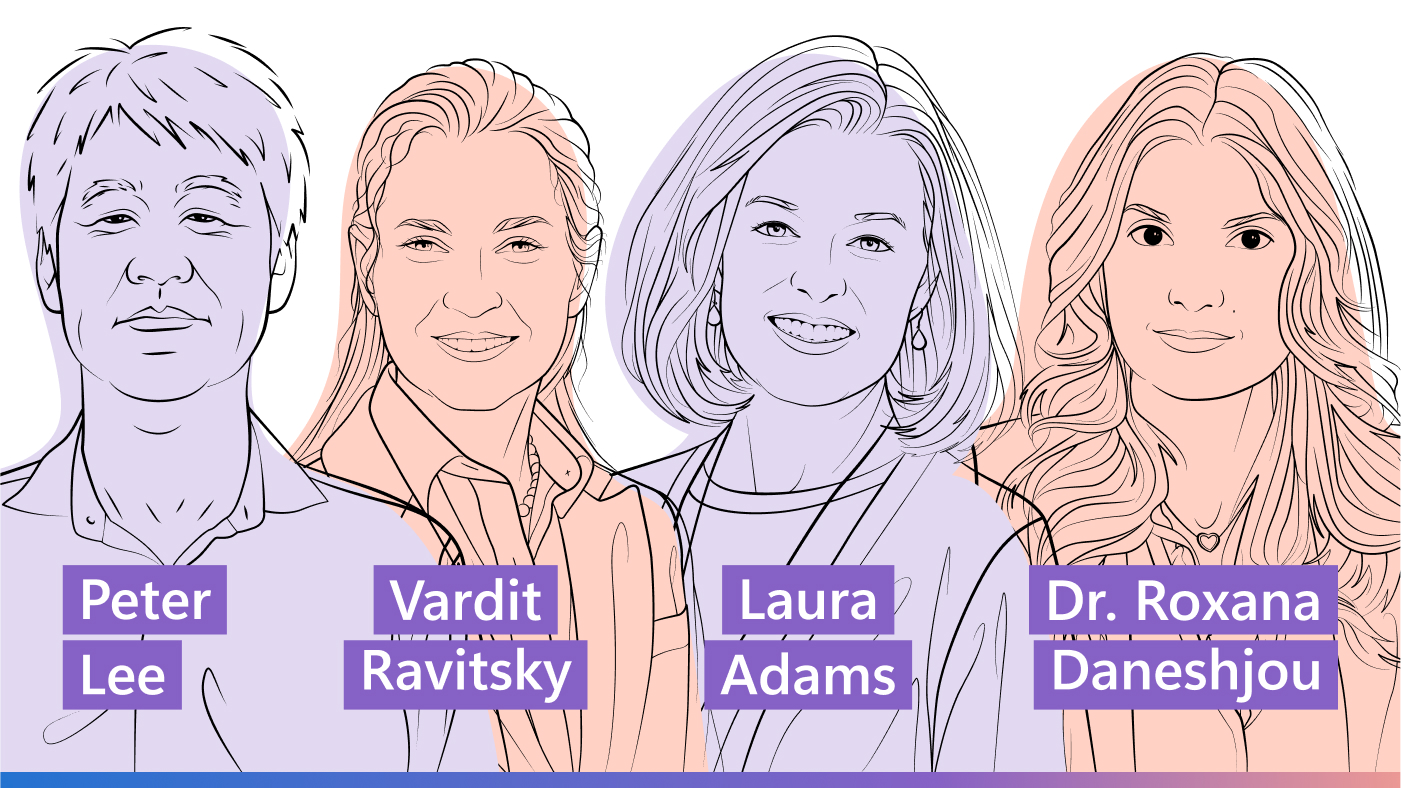 Peter Lee, Vardit Ravitsky, Laura Adams, and Dr. Roxana Daneshjou illustrated headshots.